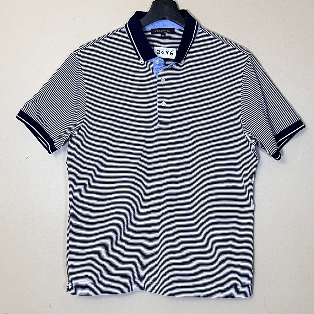 Canali Stripe Stretch Polo Shirt - Men's Size 50 - Blue White